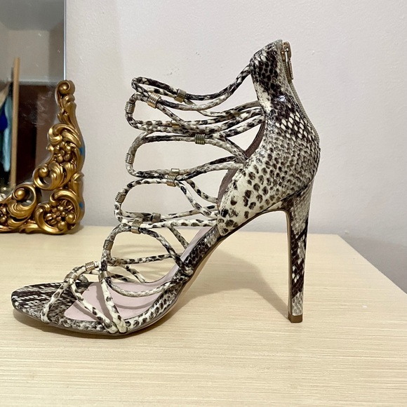 Aldo Snakeskin Print Leather Caged Heels - Picture 3 of 5